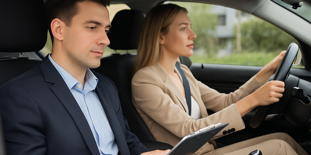 effici-nt-rijbewijs-halen-tips-voor-bedrijven-en-medewerkers Een moderne lesauto in Almere, waarin een instructeur van Elmers Rijschool zakelijke rijles-tips deelt met een medewerker van een bedrijf om efficiënt het rijbewijs te halen.