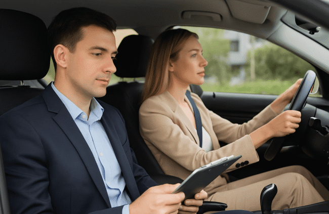 effici-nt-rijbewijs-halen-tips-voor-bedrijven-en-medewerkers Een moderne lesauto in Almere, waarin een instructeur van Elmers Rijschool zakelijke rijles-tips deelt met een medewerker van een bedrijf om efficiënt het rijbewijs te halen.